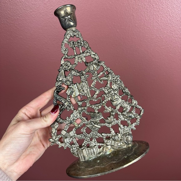 Vintage silver plate Christmas tree candle holder with ornament detail - Picture 5 of 9